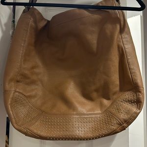 Kelsi Dagger oversized leather boho bucket bag, camel color, metal studs